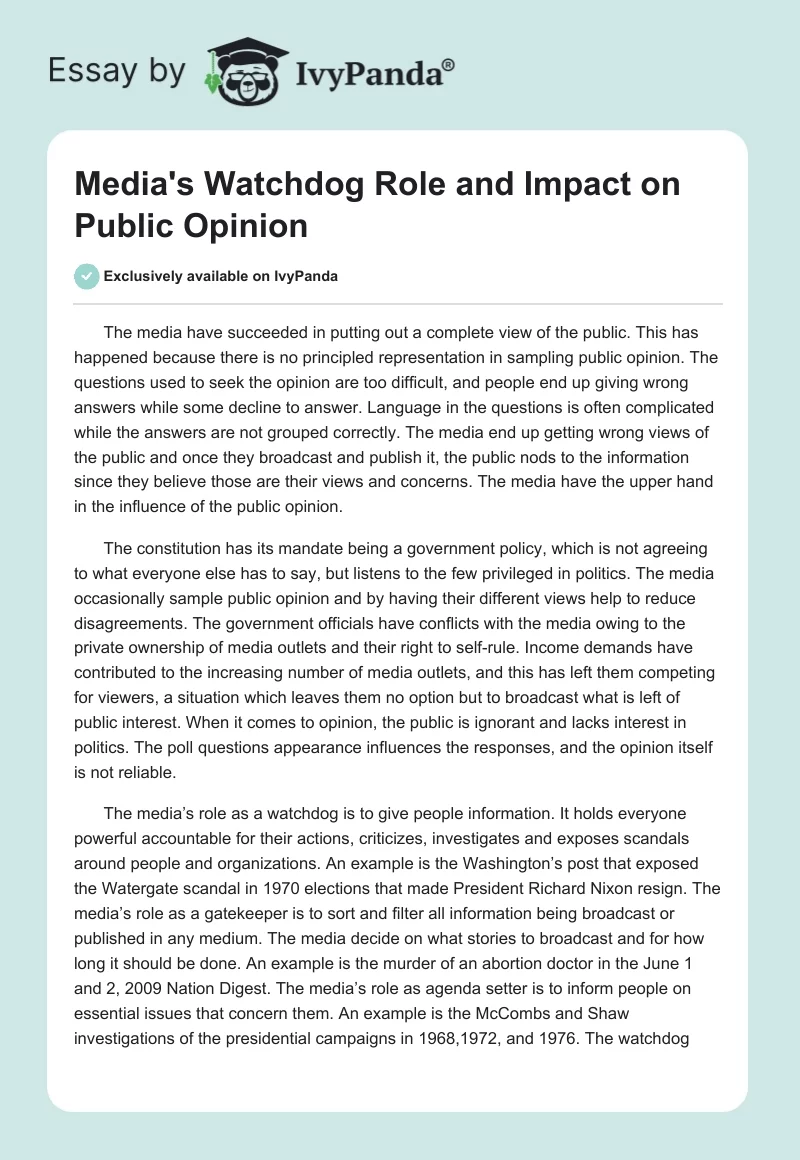 Media's Watchdog Role and Impact on Public Opinion. Page 1