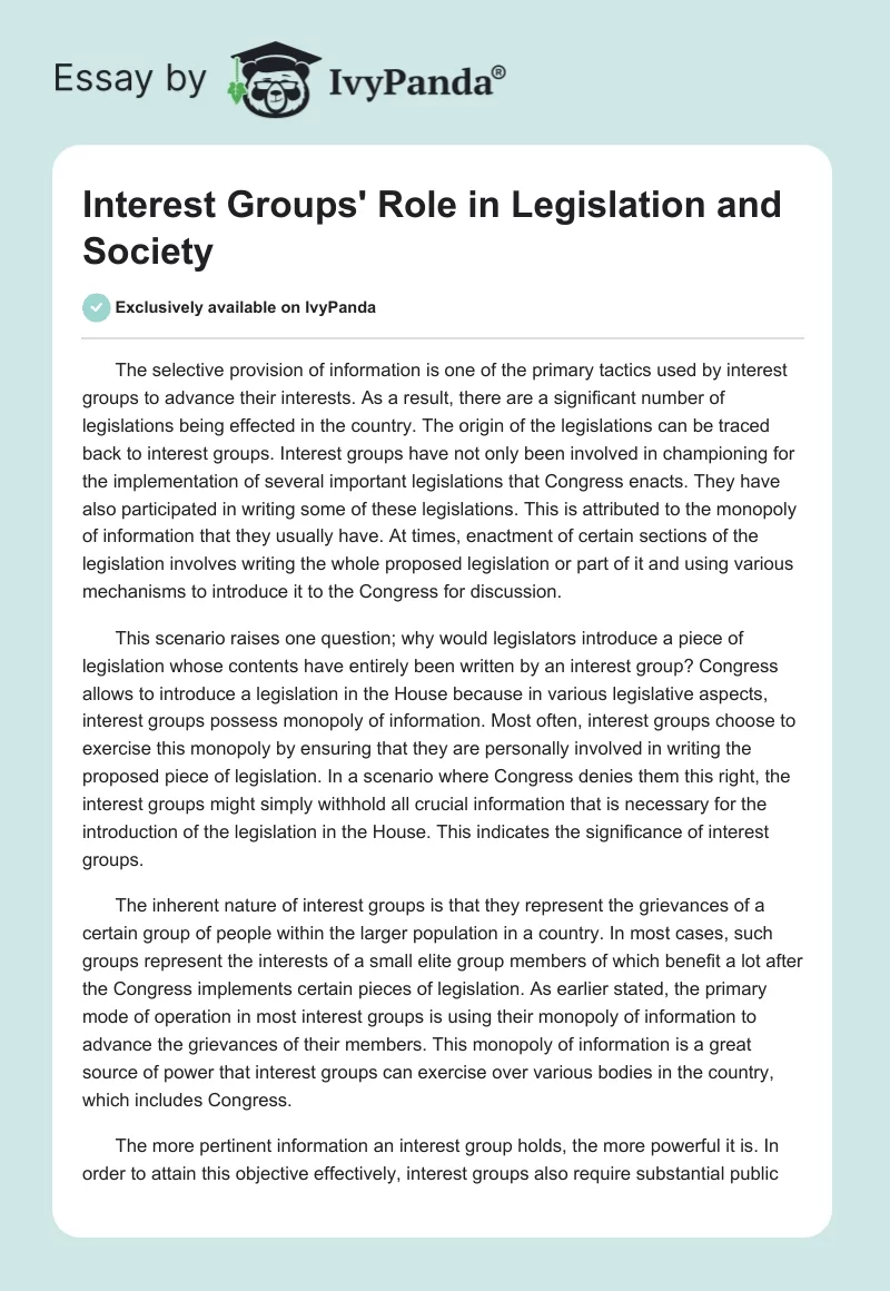 Interest Groups' Role in Legislation and Society. Page 1