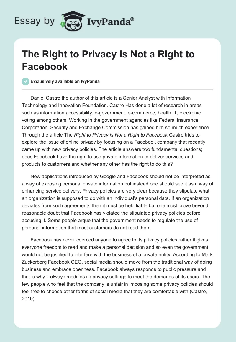 The Right to Privacy is Not a Right to Facebook. Page 1