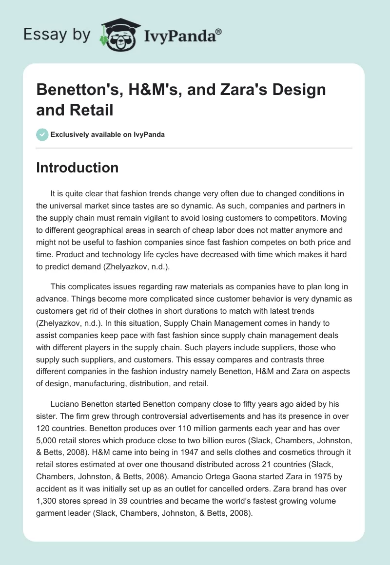 Benetton's, H&M's, and Zara's Design and Retail - 1139 Words