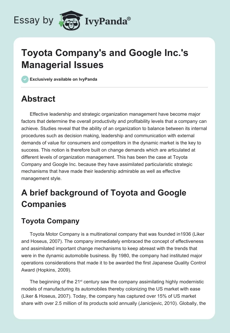 Toyota Company's and Google Inc.'s Managerial Issues. Page 1