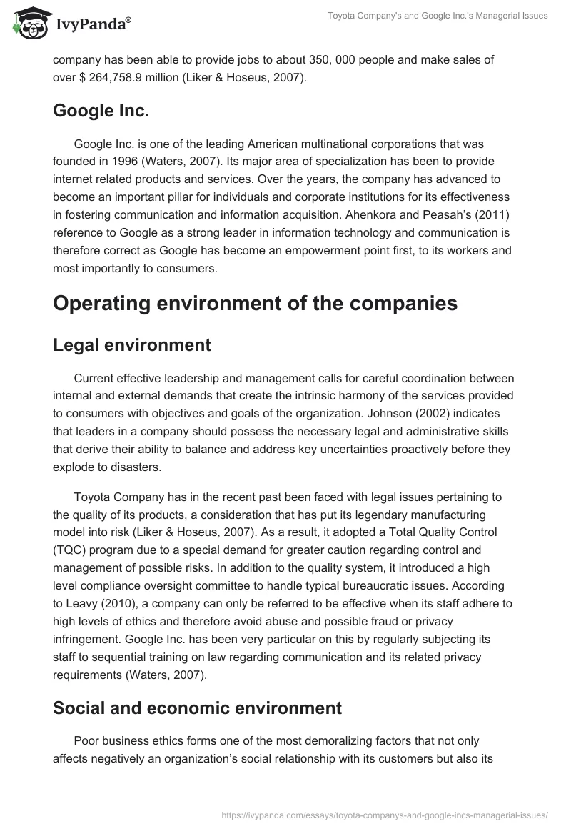 Toyota Company's and Google Inc.'s Managerial Issues. Page 2