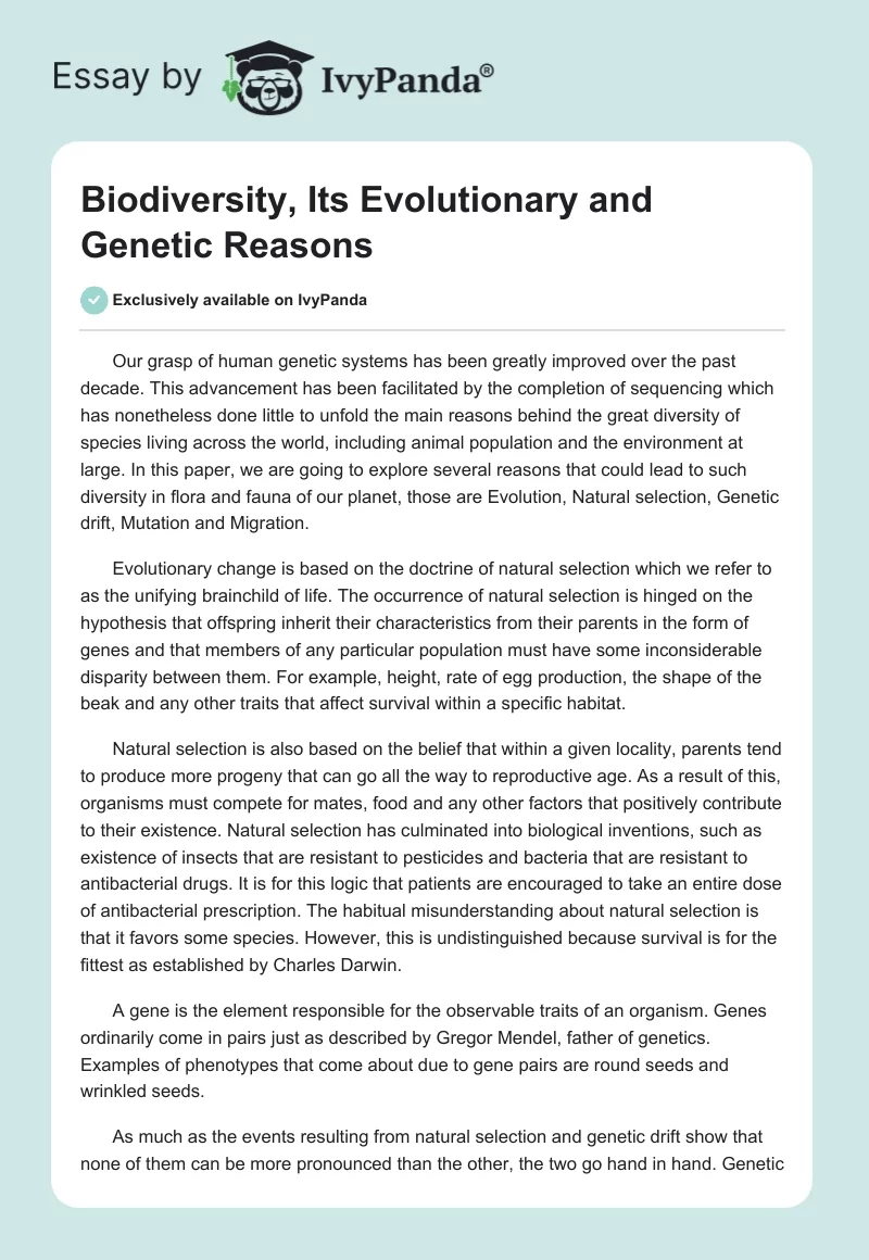 Biodiversity, Its Evolutionary and Genetic Reasons. Page 1