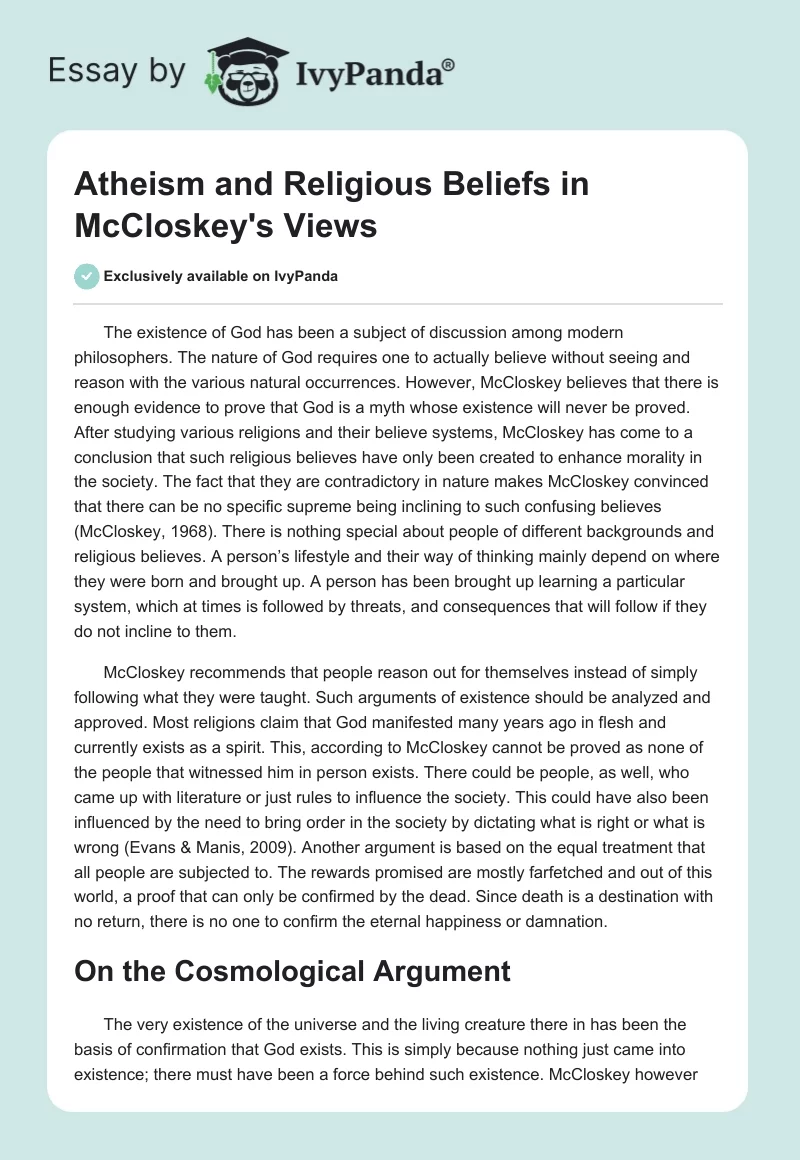 Atheism and Religious Beliefs in McCloskey's Views. Page 1