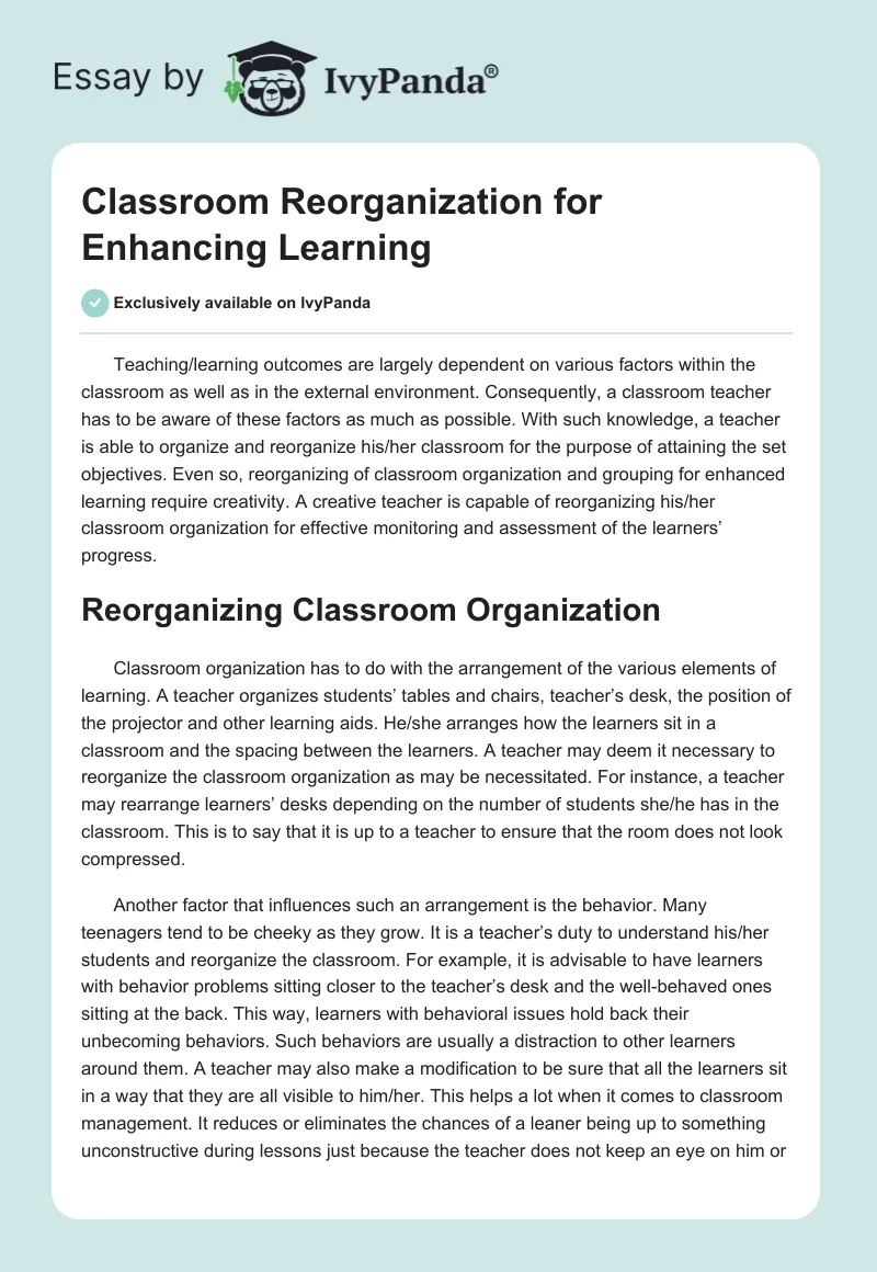 Classroom Reorganization for Enhancing Learning. Page 1