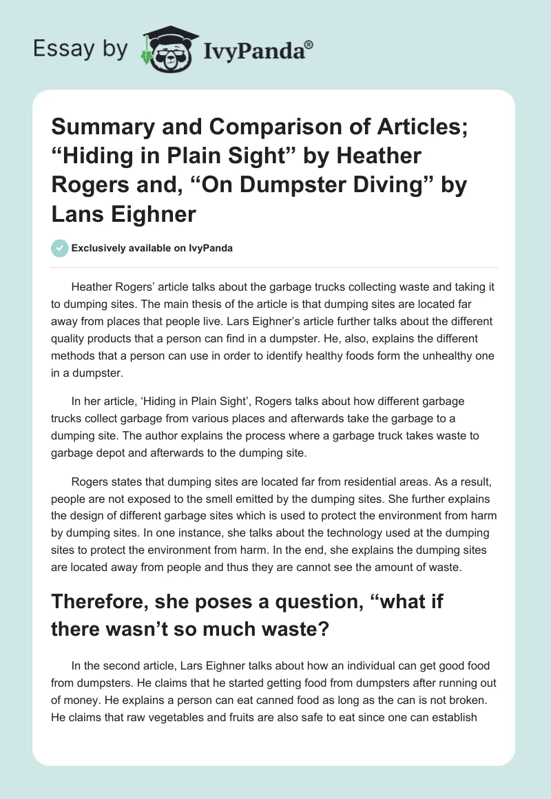 Summary and Comparison of Articles; “Hiding in Plain Sight” by Heather Rogers and, “On Dumpster Diving” by Lans Eighner. Page 1
