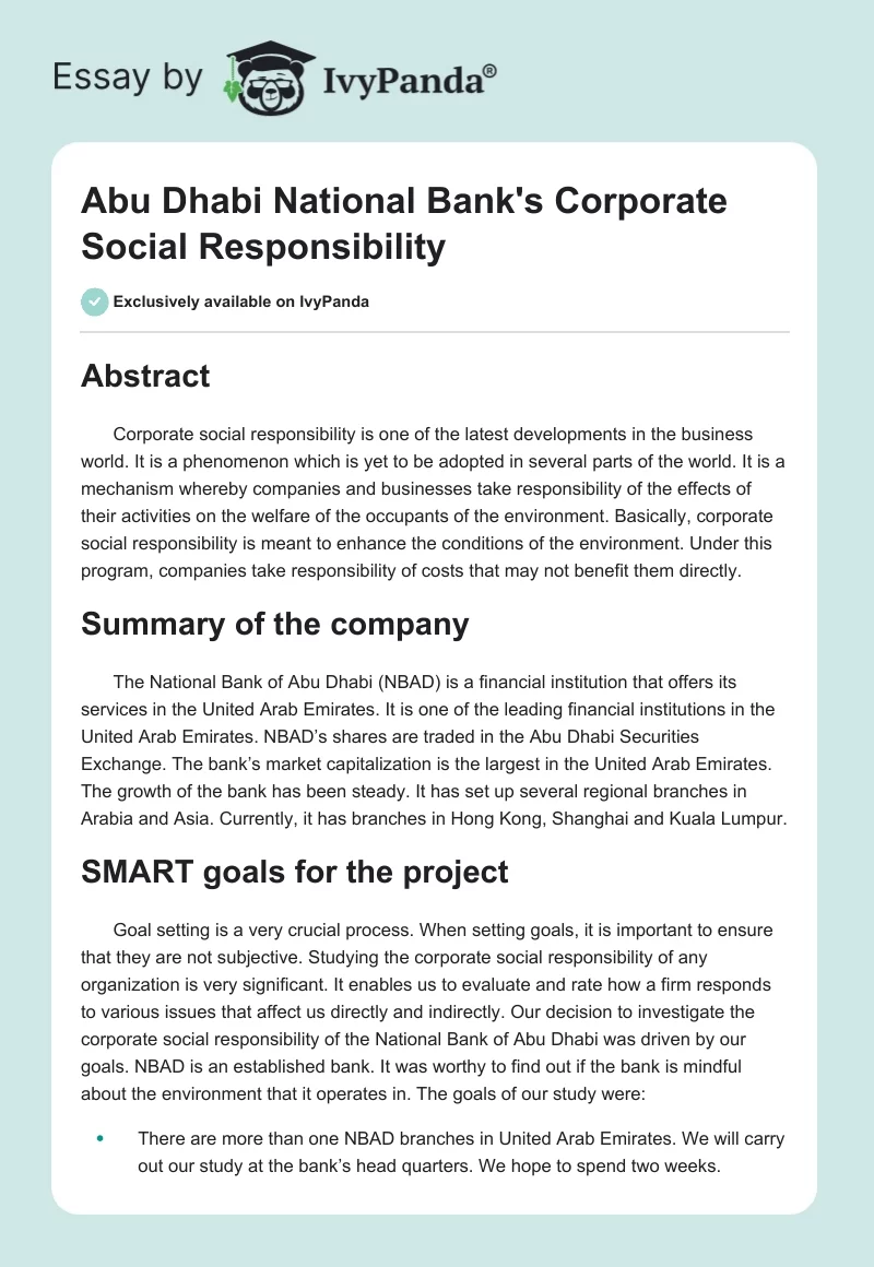 Abu Dhabi National Bank's Corporate Social Responsibility. Page 1