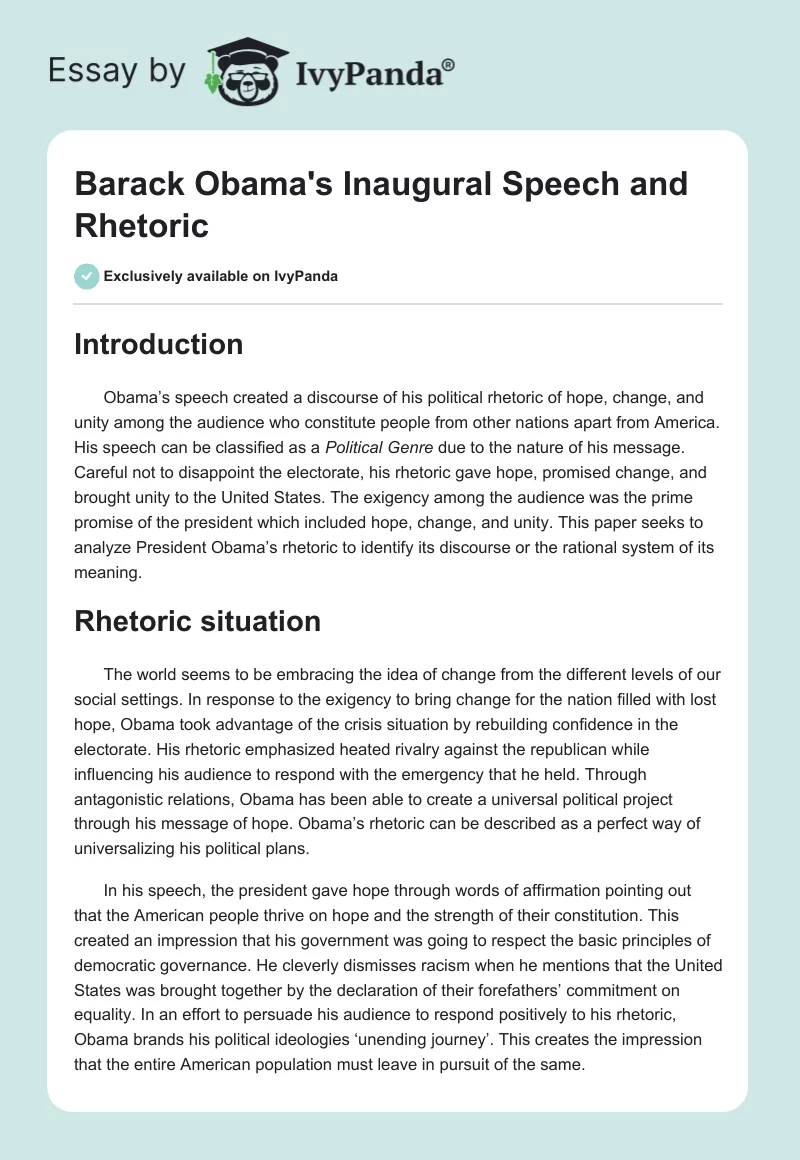Barack Obama's Inaugural Speech and Rhetoric. Page 1