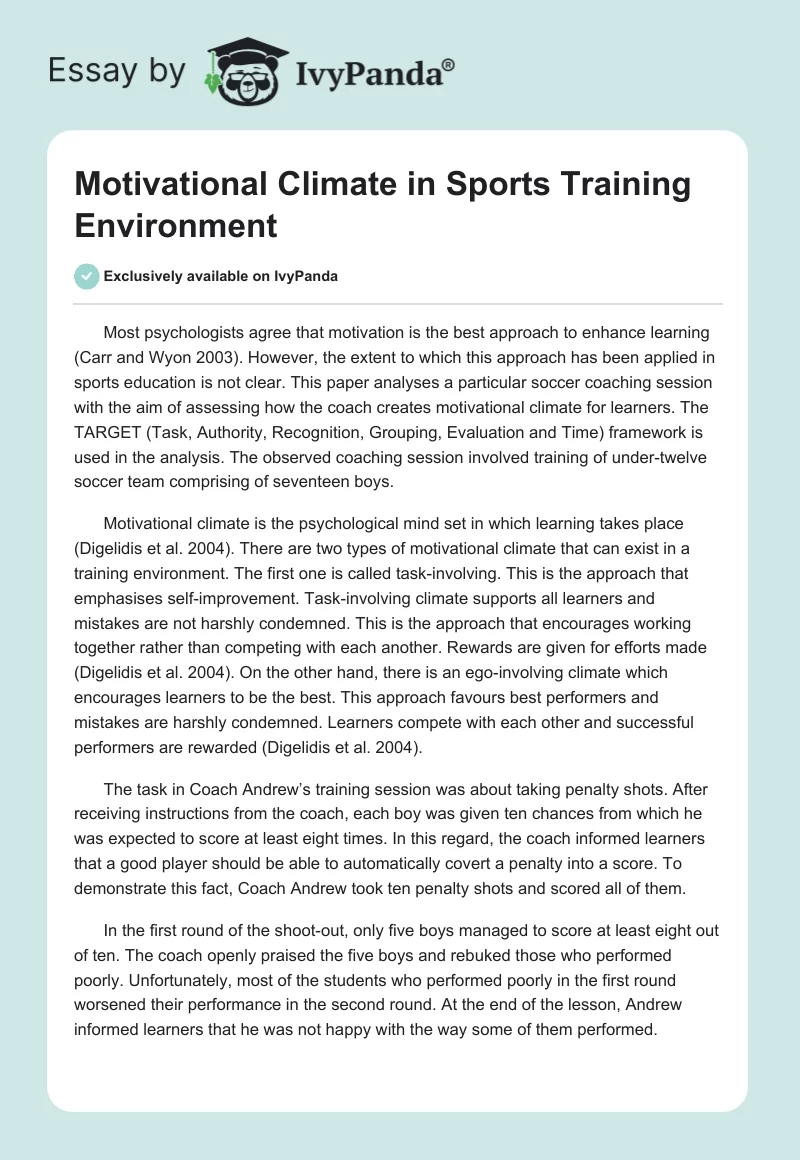 Motivational Climate in Sports Training Environment. Page 1