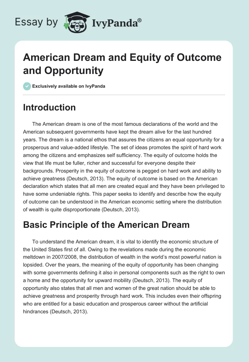 American Dream and Equity of Outcome and Opportunity. Page 1