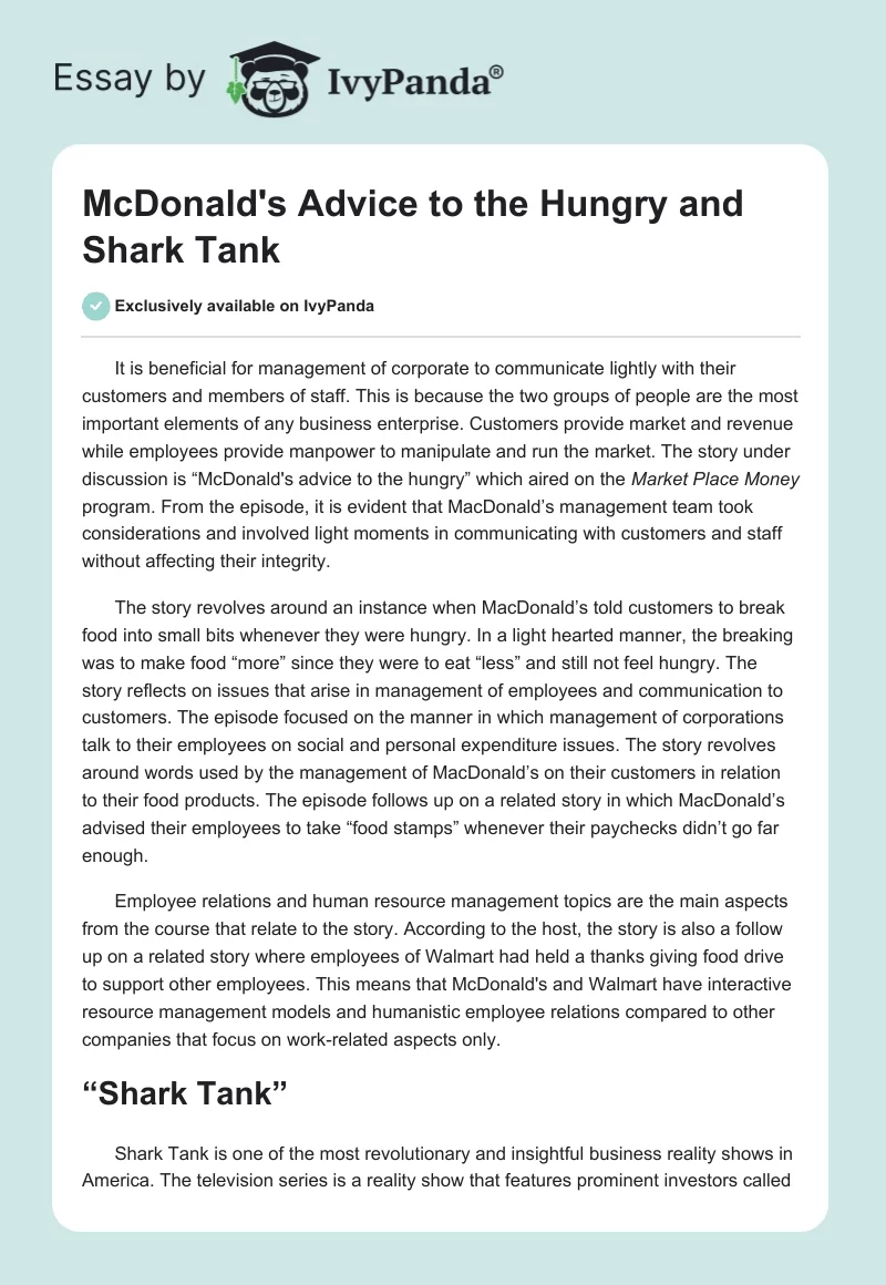 "McDonald's Advice to the Hungry" and "Shark Tank". Page 1