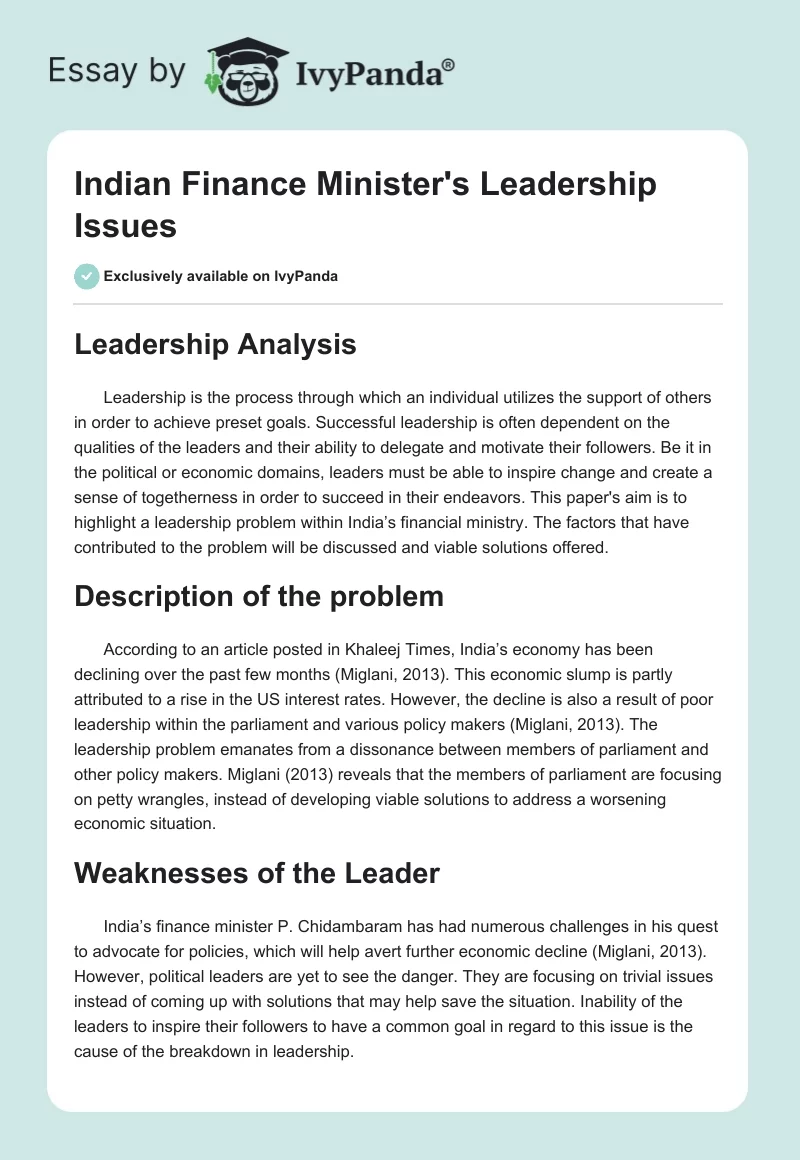 Indian Finance Minister's Leadership Issues. Page 1