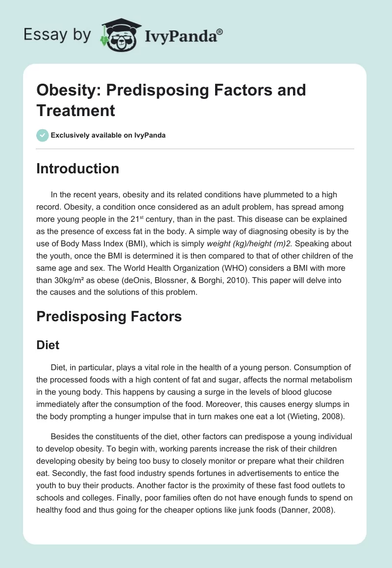 Obesity: Predisposing Factors and Treatment. Page 1