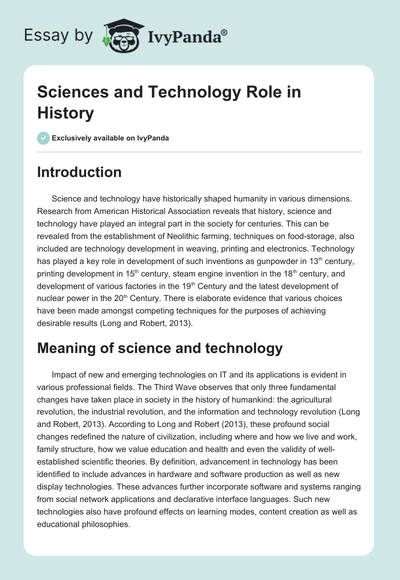 Sciences and Technology Role in History. Page 1