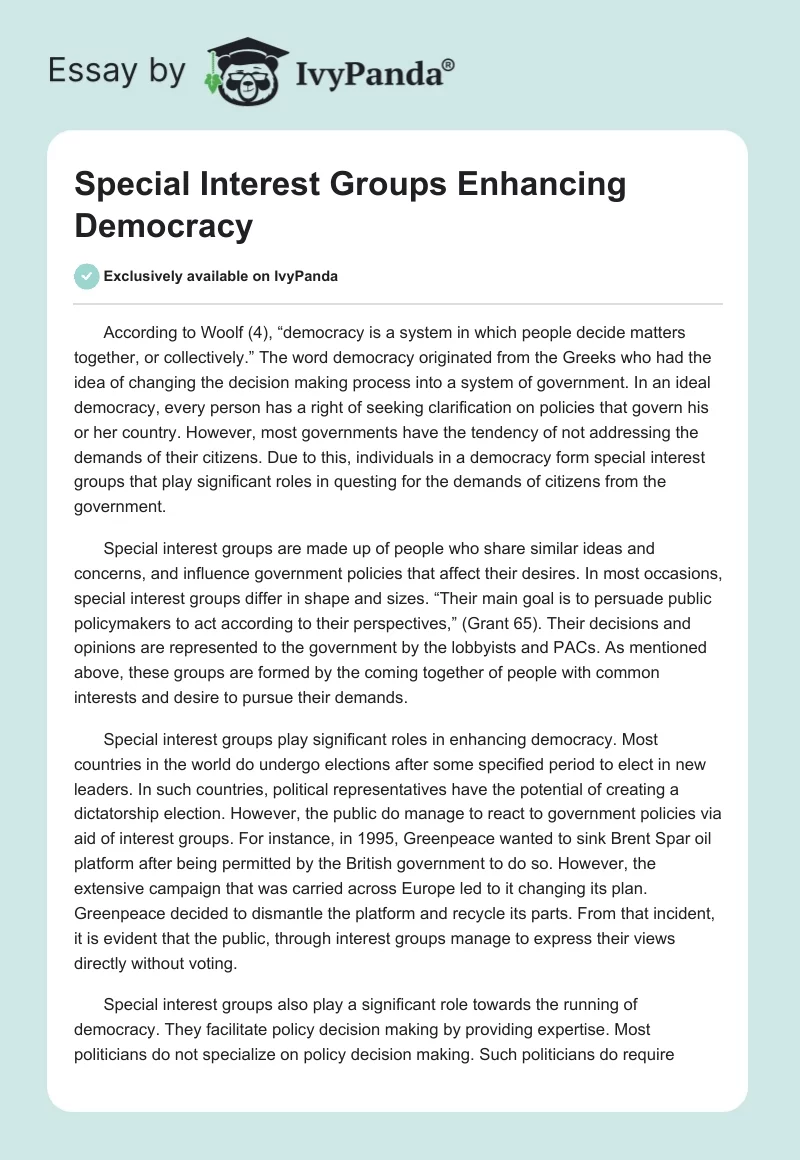 Special Interest Groups Enhancing Democracy. Page 1