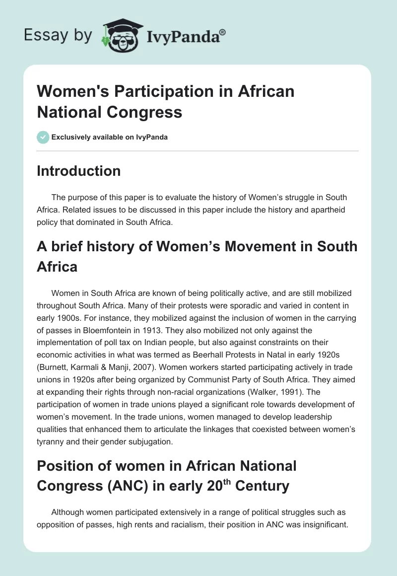 Women's Participation in African National Congress. Page 1