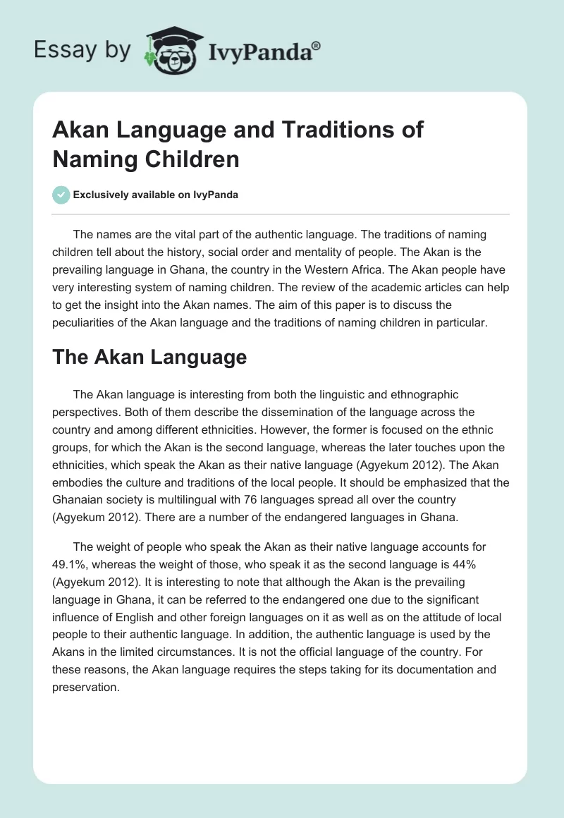 Akan Language and Traditions of Naming Children. Page 1