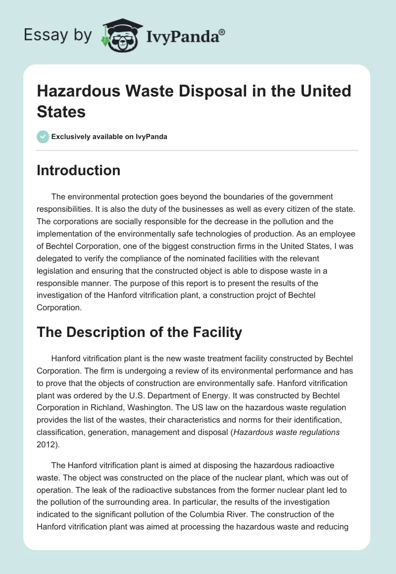 Hazardous Waste Disposal in the United States. Page 1