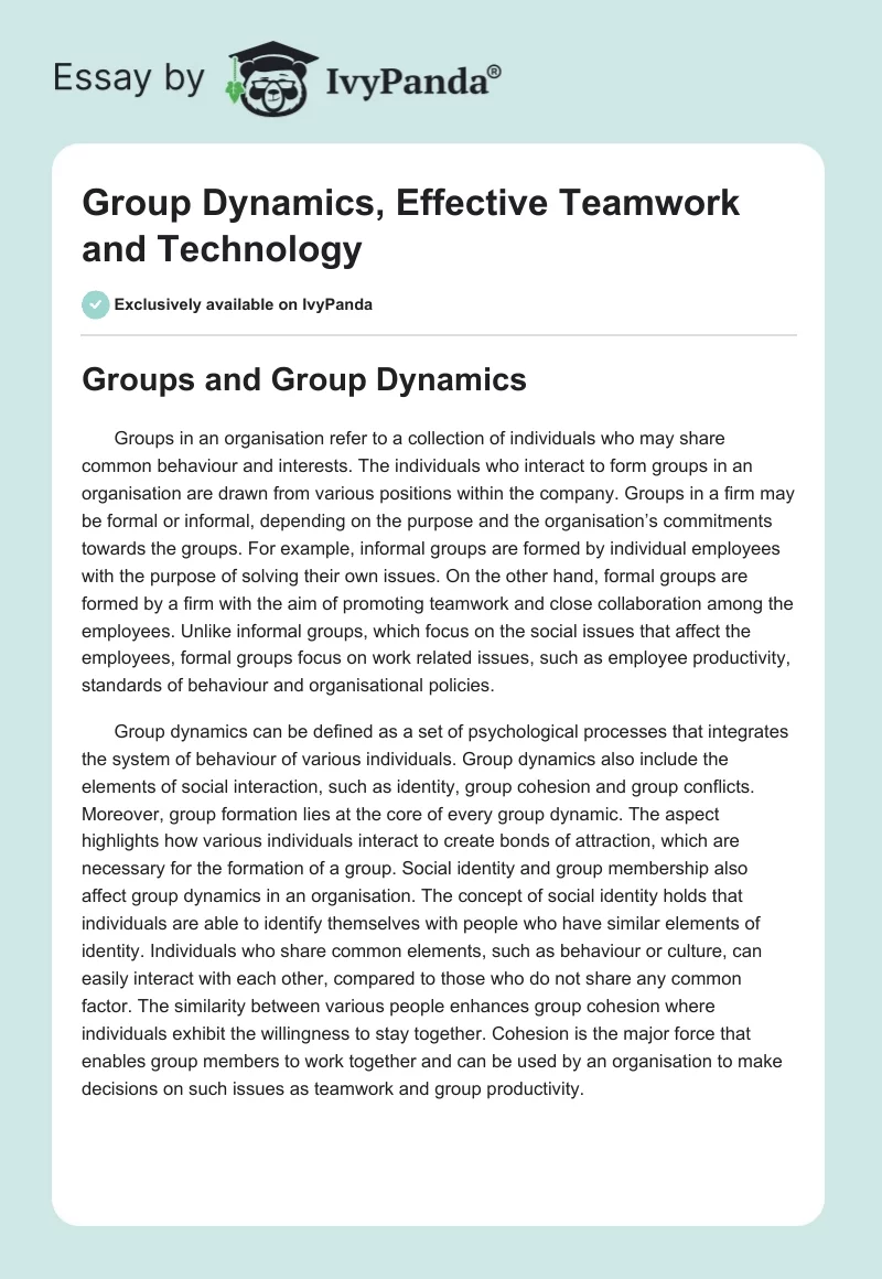 Group Dynamics, Effective Teamwork and Technology. Page 1