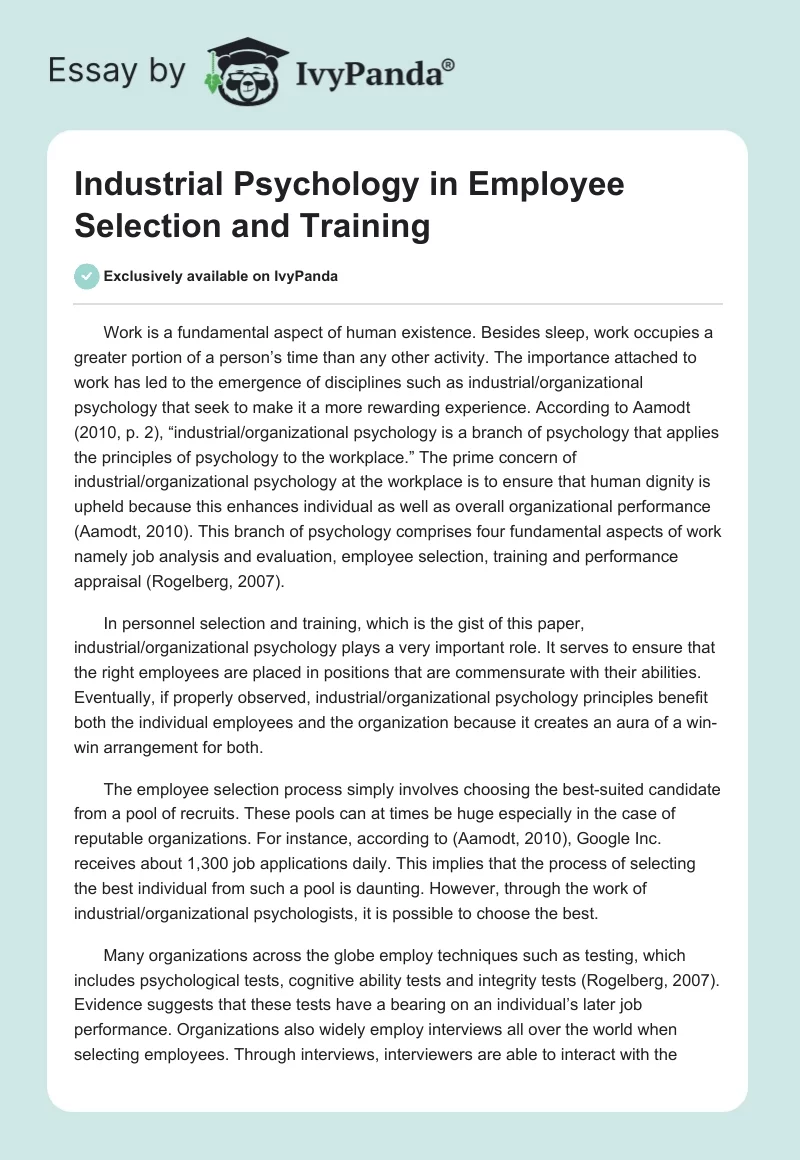 Industrial Psychology in Employee Selection and Training. Page 1
