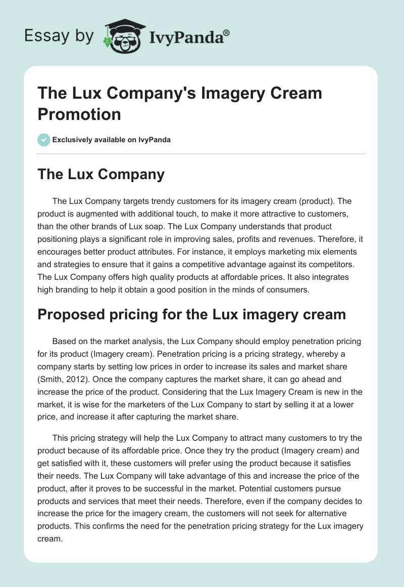 The Lux Company's Imagery Cream Promotion. Page 1