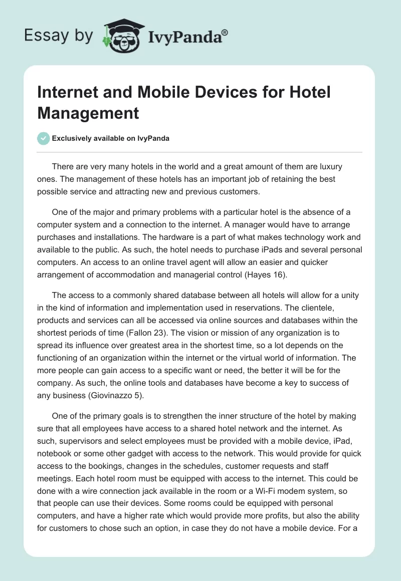 Internet and Mobile Devices for Hotel Management. Page 1