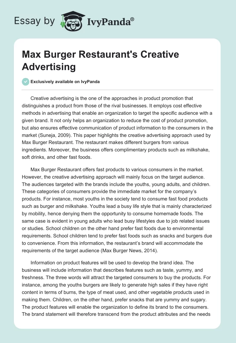 Max Burger Restaurant's Creative Advertising. Page 1