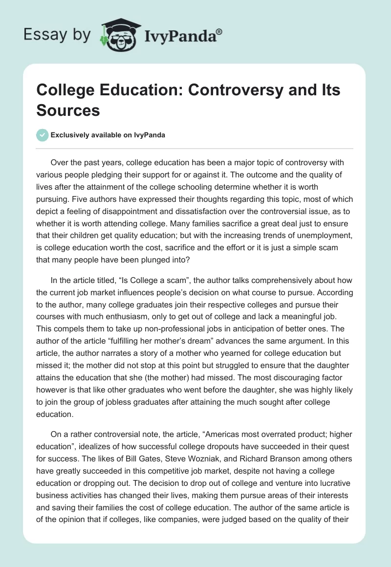 College Education: Controversy and Its Sources. Page 1