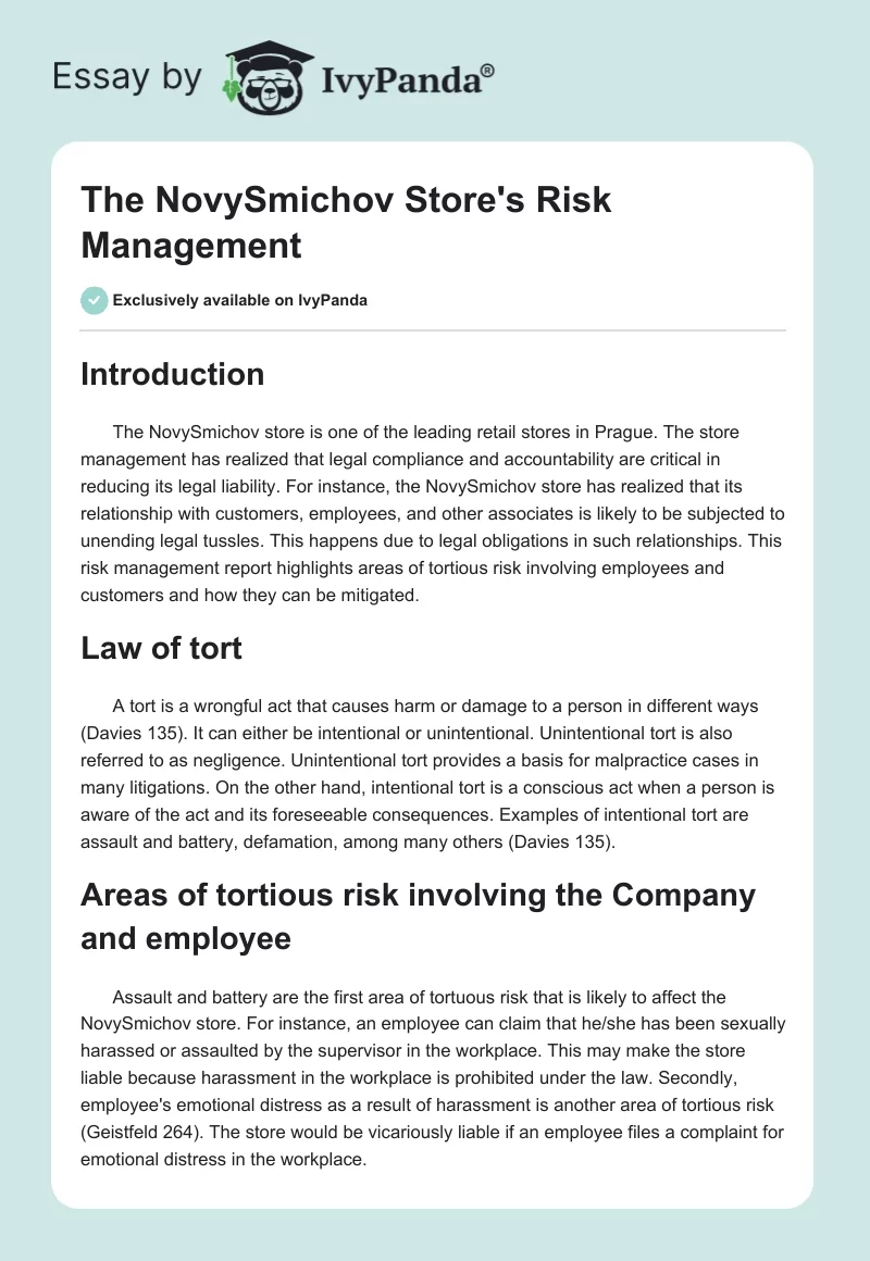 The NovySmichov Store's Risk Management. Page 1