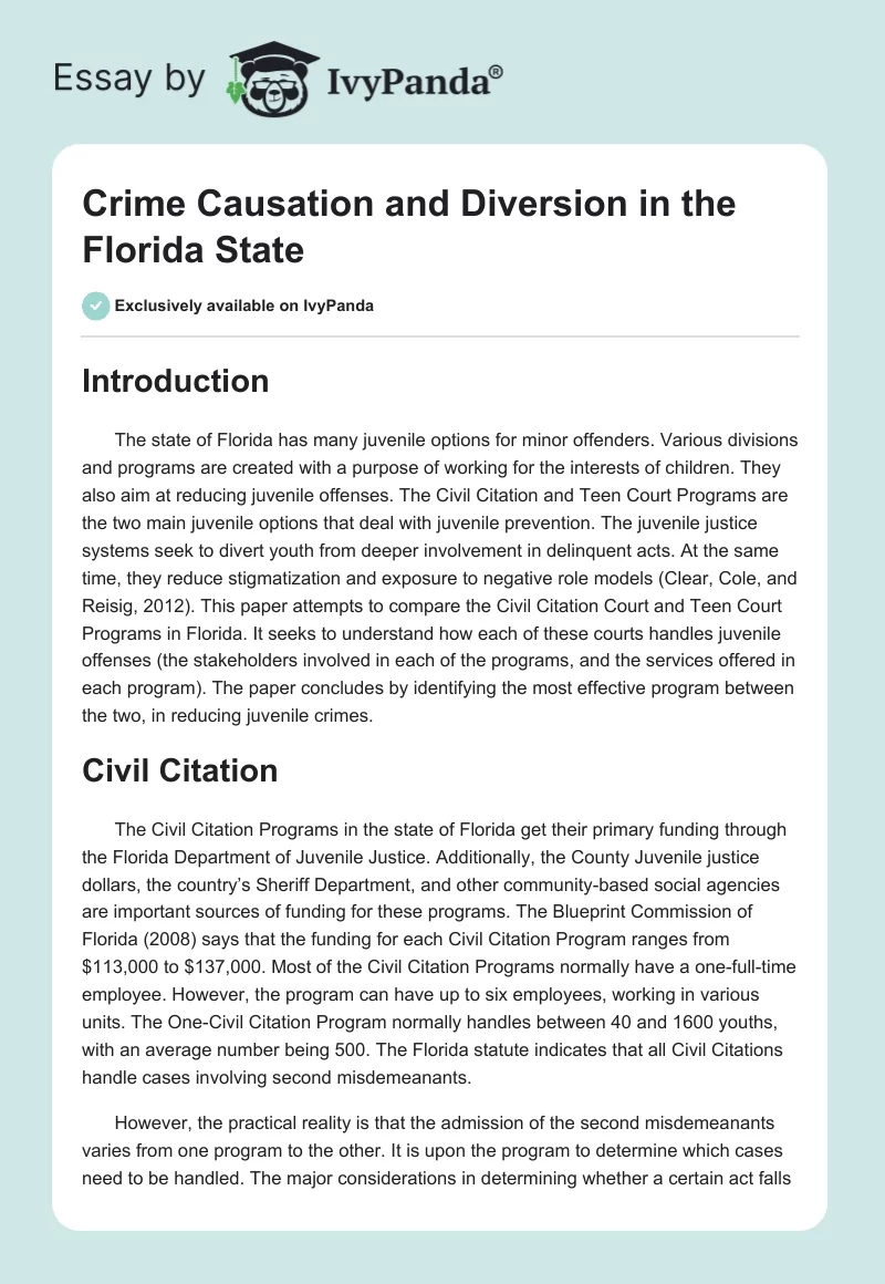 Crime Causation and Diversion in the Florida State. Page 1