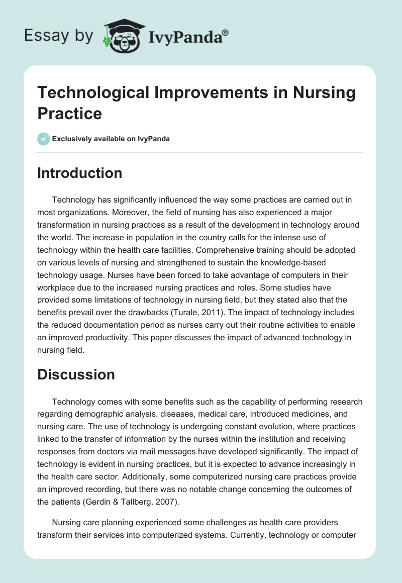 Technological Improvements in Nursing Practice. Page 1