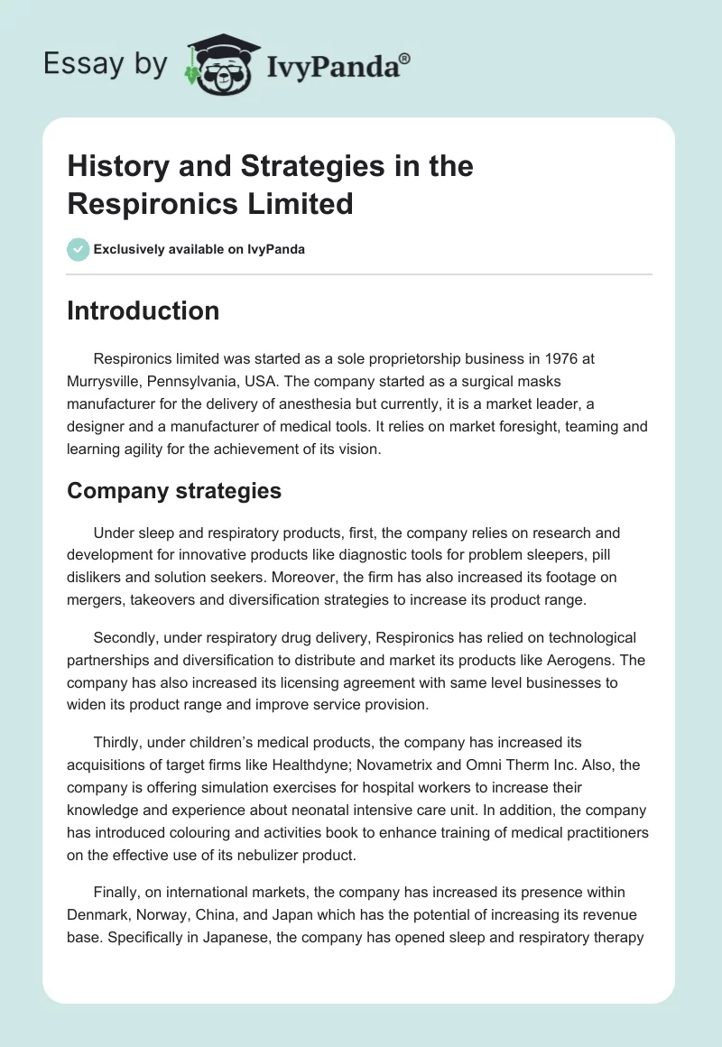 History and Strategies in the Respironics Limited. Page 1