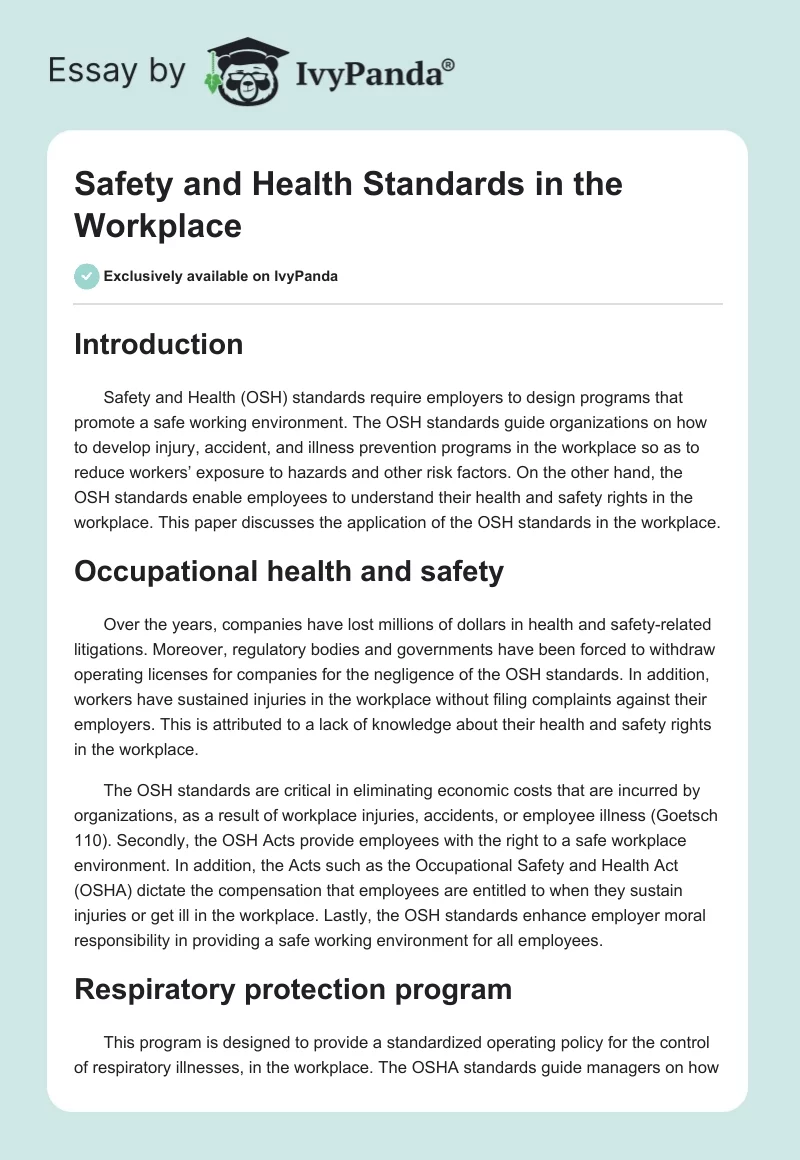 Safety and Health Standards in the Workplace. Page 1