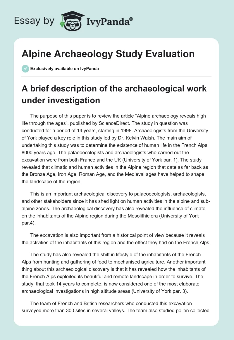 Alpine Archaeology Study Evaluation. Page 1