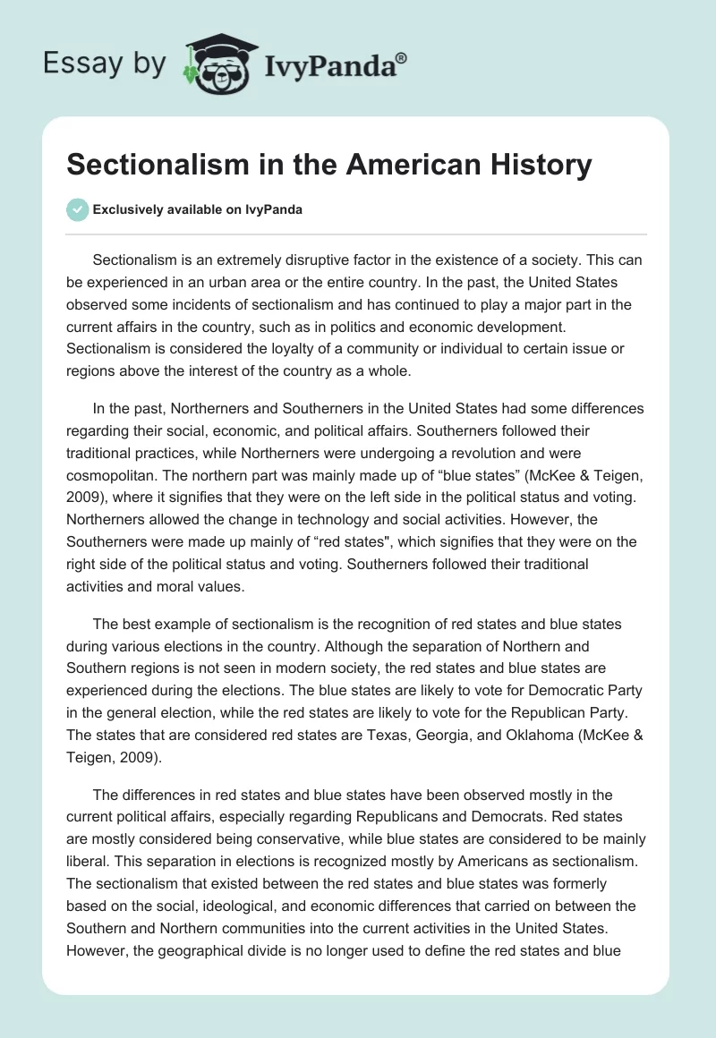 Sectionalism in the American History. Page 1