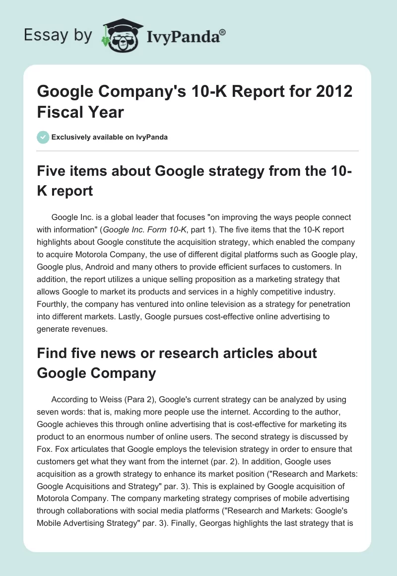 Google Company's 10-K Report for 2012 Fiscal Year. Page 1