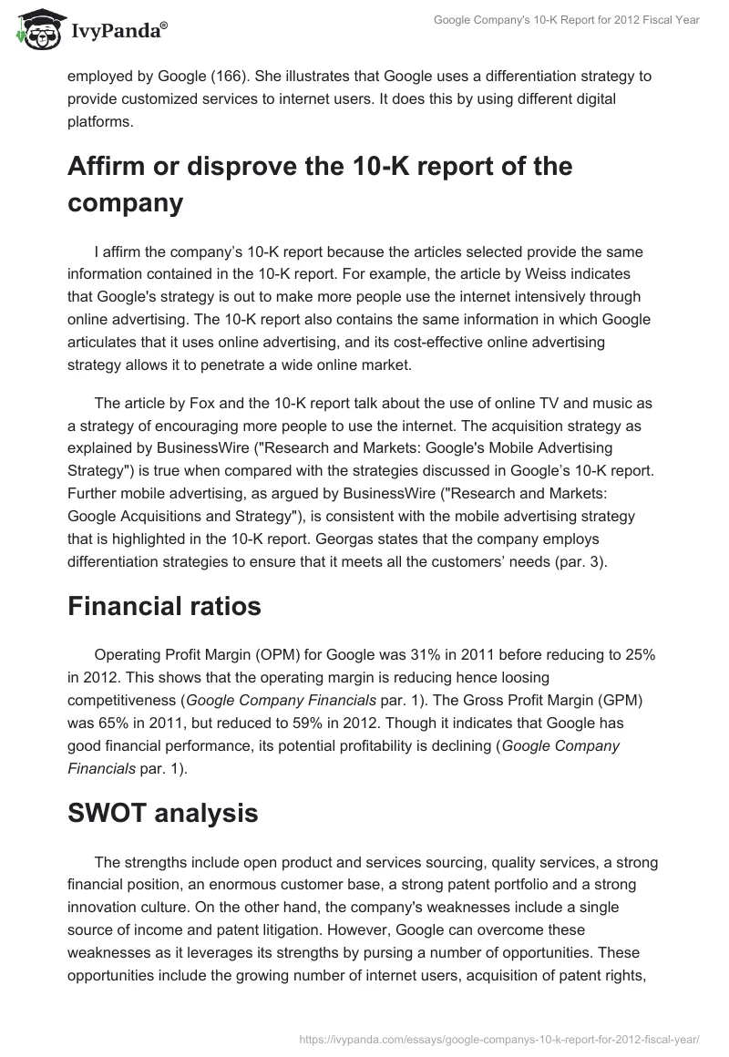 Google Company's 10-K Report for 2012 Fiscal Year. Page 2