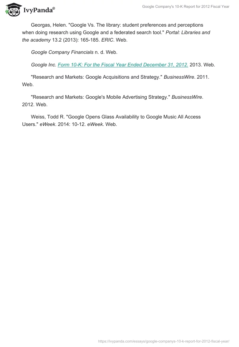 Google Company's 10-K Report for 2012 Fiscal Year. Page 4