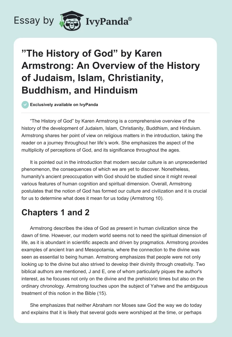 ”The History of God” by Karen Armstrong: An Overview of the History of Judaism, Islam, Christianity, Buddhism, and Hinduism. Page 1
