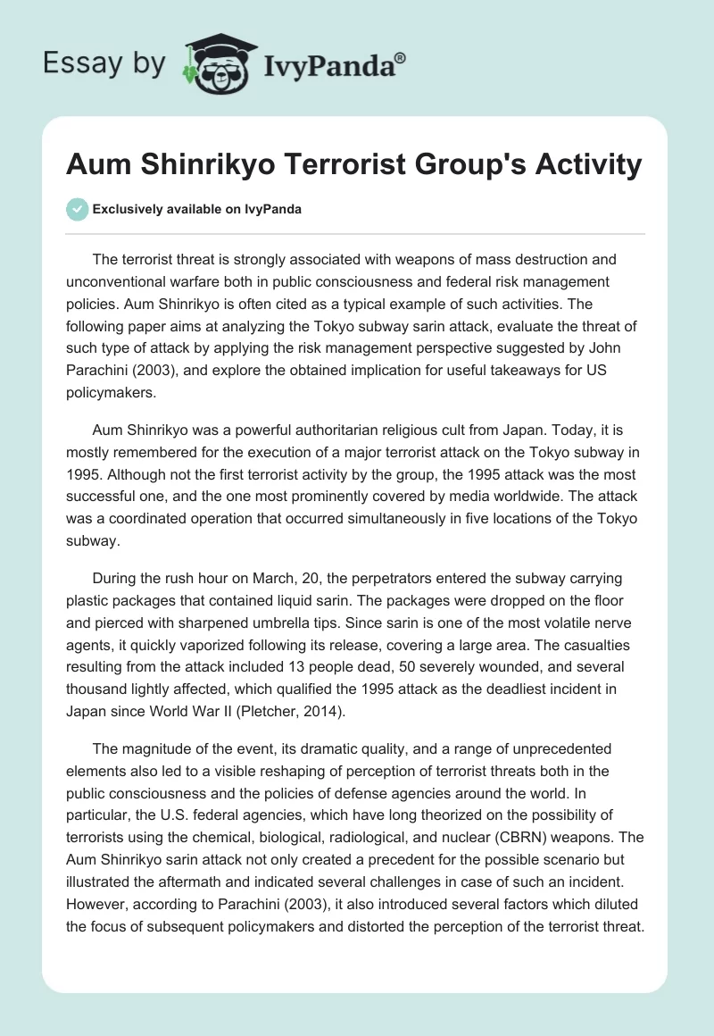 Aum Shinrikyo Terrorist Group's Activity. Page 1