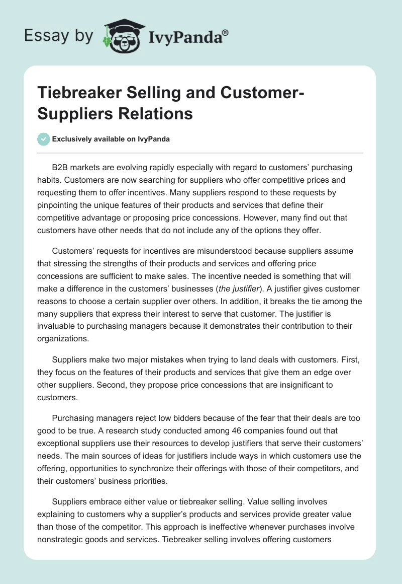 Tiebreaker Selling and Customer-Suppliers Relations. Page 1