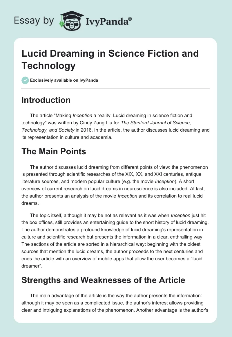 Lucid Dreaming in Science Fiction and Technology. Page 1