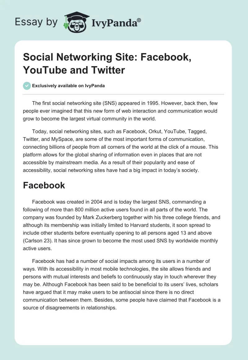 Social Networking Site: Facebook, YouTube and Twitter. Page 1