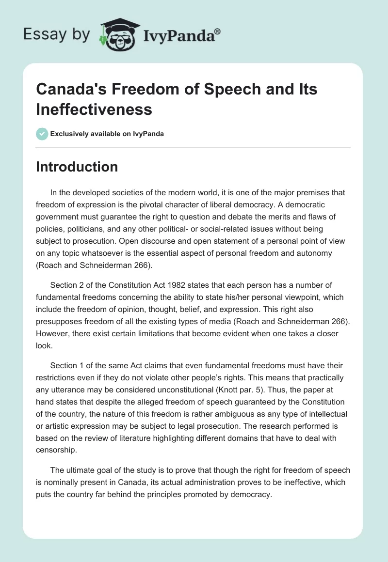 Canada's Freedom of Speech and Its Ineffectiveness. Page 1