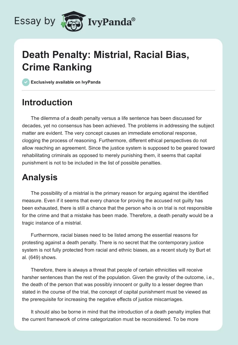 Death Penalty: Mistrial, Racial Bias, Crime Ranking. Page 1