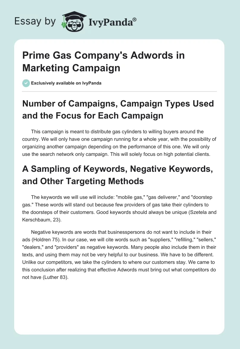 Prime Gas Company's Adwords in Marketing Campaign. Page 1