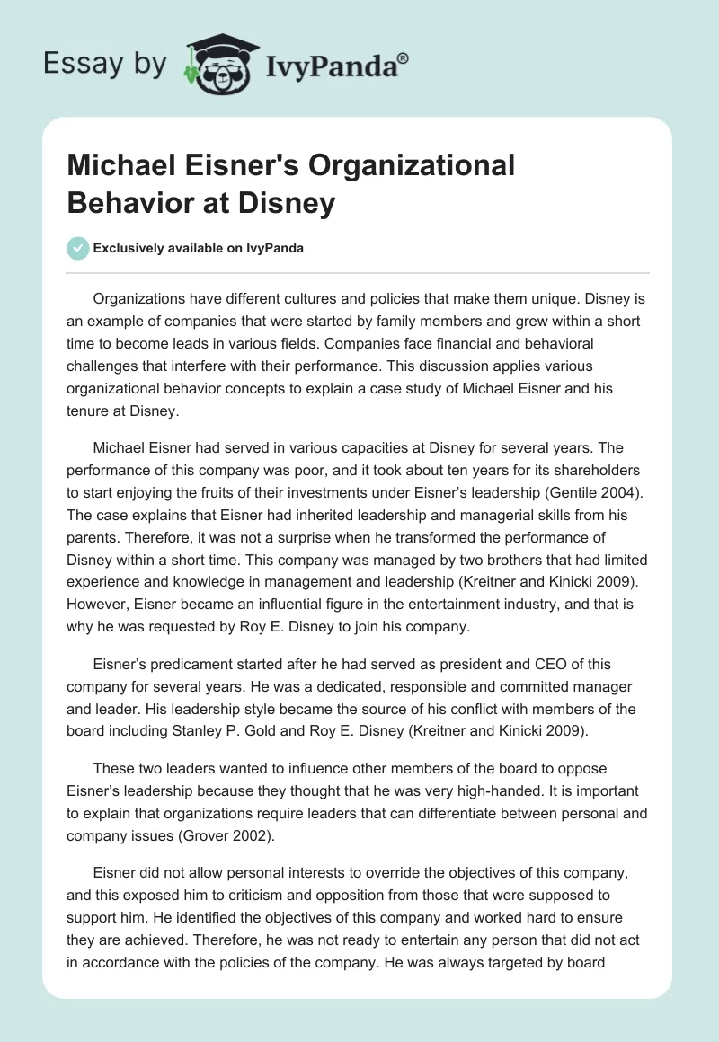 Michael Eisner's Organizational Behavior at Disney. Page 1