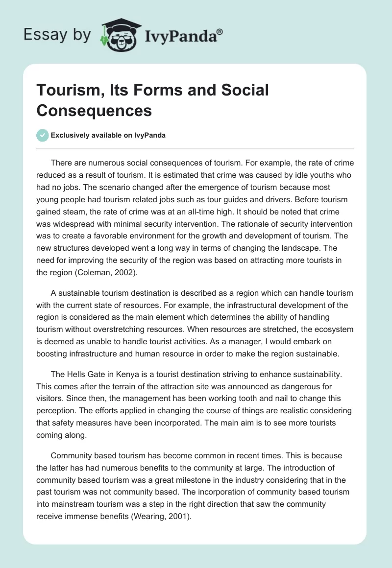 Tourism, Its Forms and Social Consequences. Page 1