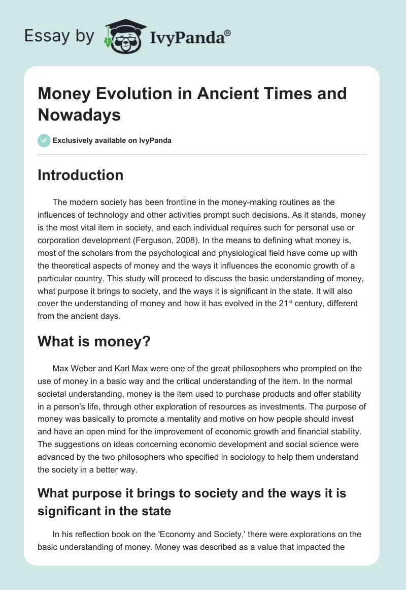 Money Evolution in Ancient Times and Nowadays. Page 1