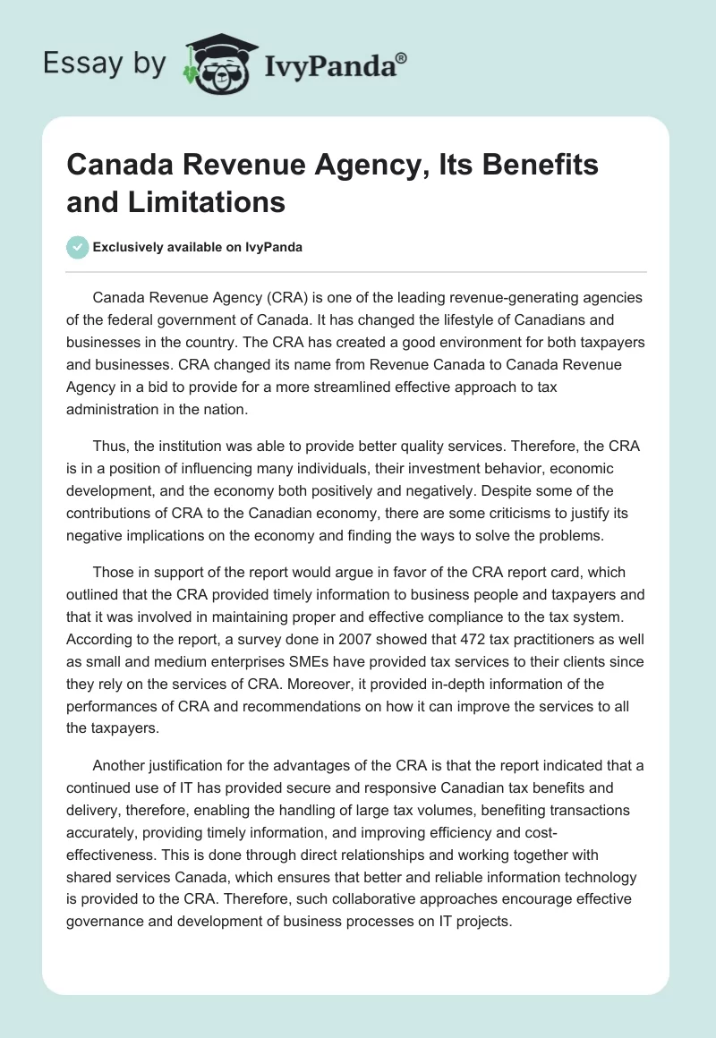 Canada Revenue Agency, Its Benefits and Limitations. Page 1